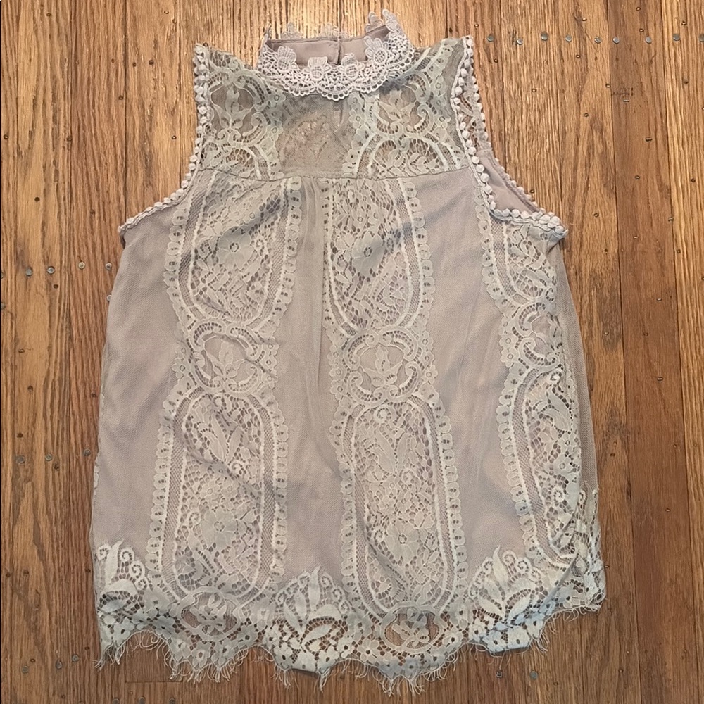 NY Collection Sleeveless Lace Top Lined Tan Small